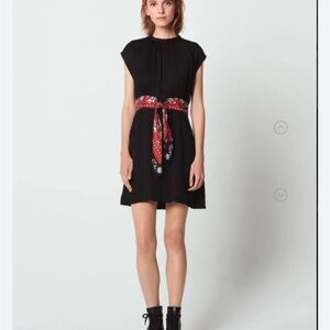 Sandro Black Mini Dress with Red Patterned Belt
